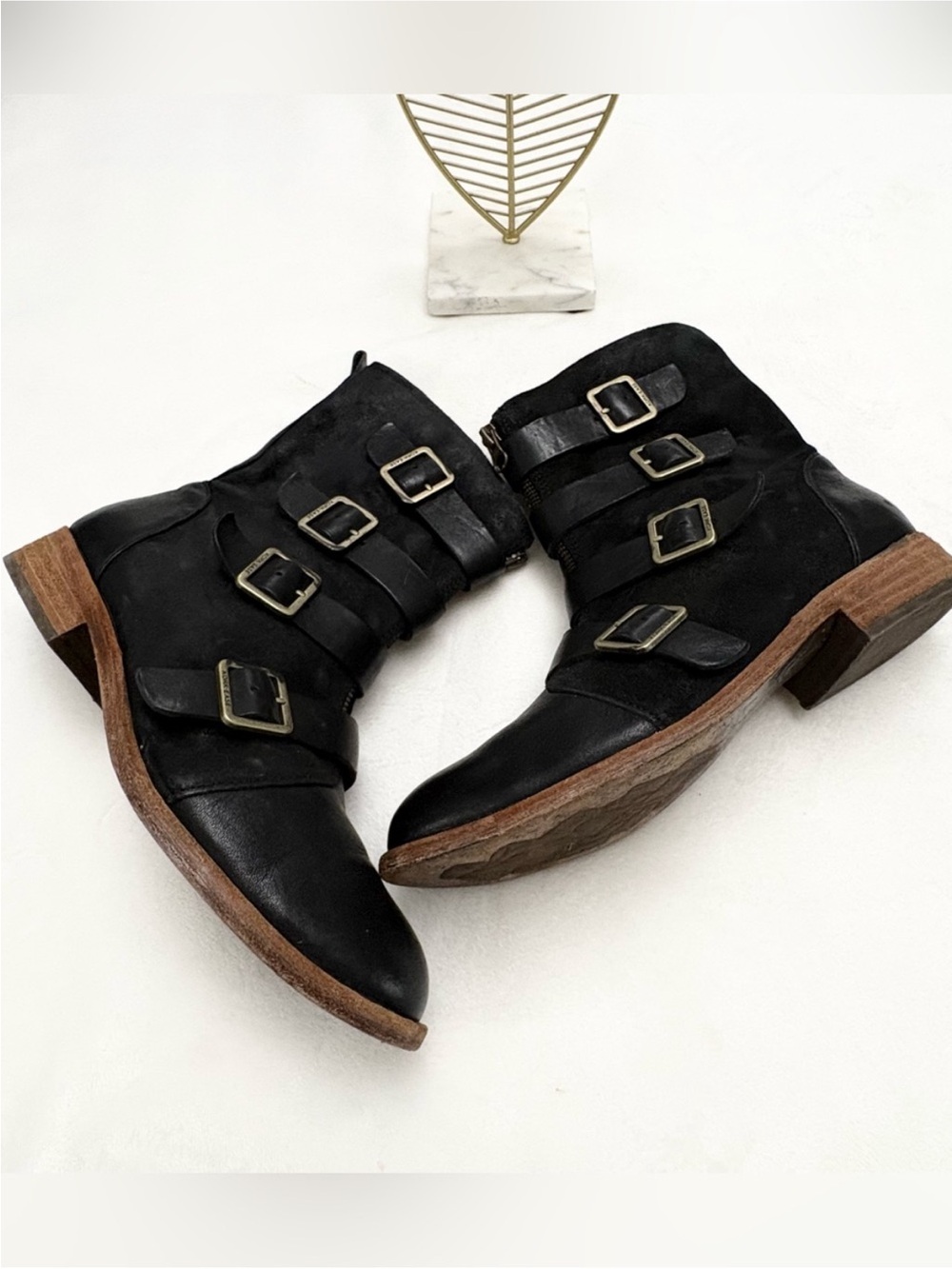 Kork-Ease Monrovia Moto Black Leather Multi-Buckle Ankle Boots Size 9